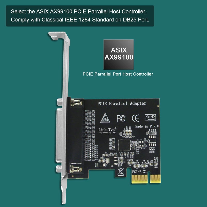 LinksTek 1-Port PCI Express Parallel Card for Printers, IEEE 1284 Standard DB25 LPT PCIE Parallel Port, Supports IEEE 1284 SPP, Nibble, Byte and ECP Mode, PCIE DB25 Parallel Port Card (PCIE-PA1) - Image 2